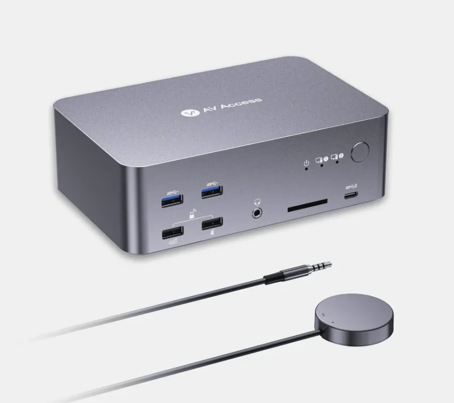 2-Port 8K60Hz 3-Monitor 2xDP + 1xHDMI KVM-Switch mit USB 3.0 und LAN, inkl. PC-Kabel, AV Access iDock-D23i