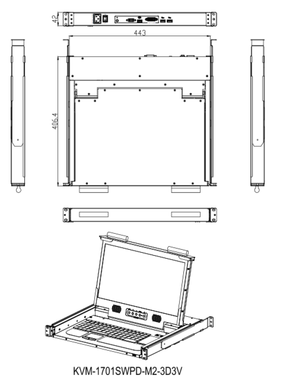 Short High-Resolution 1080p FullHD LCD-Console Drawer with DVI/VGA + USB, Audio, Hub