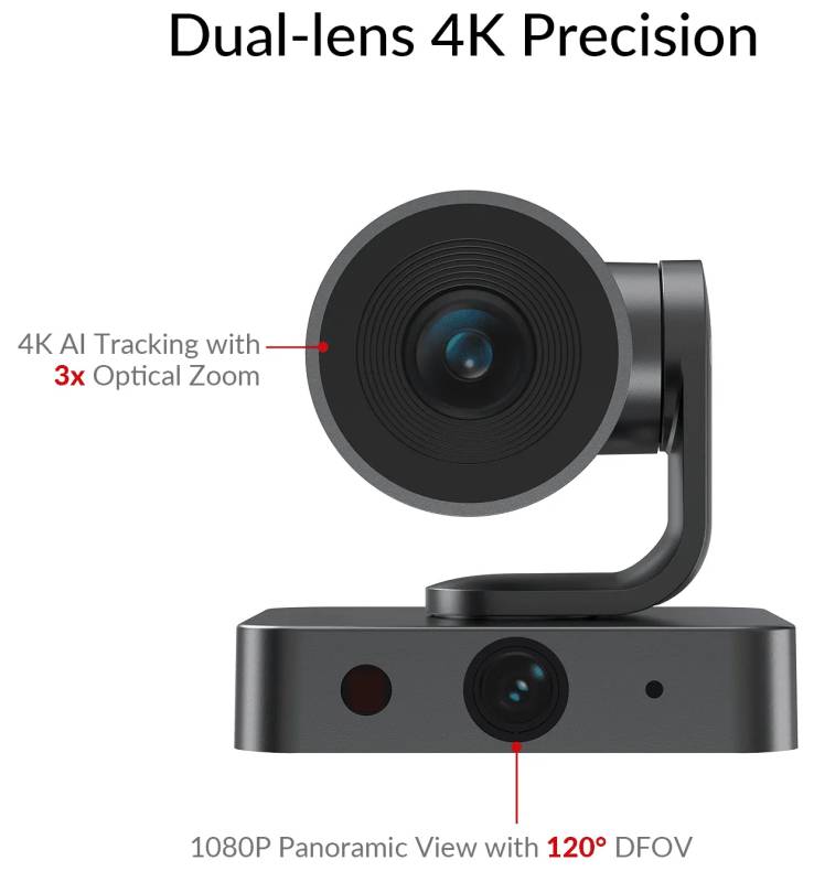 4K Dual-Lens PTZ Conference Camera with 3x Optical Zoom, 120° Panoramic View, Individuals Gallery & AI Tracking, BizEye P30