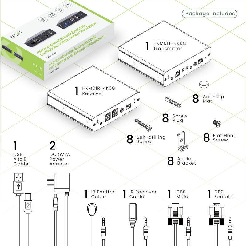 4K60Hz-UHD HDMI 2.0 USB 2.0 Audio RS232 IR -- KVM-Extender Set bis 100m (60km), SC&T HKM01-4K6G