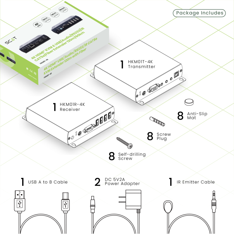 4K + 1080p HDMI + USB 2.0 + Audio + RS232 + IR HDMI KVM-Extender Set, SC&T HKM01-4K