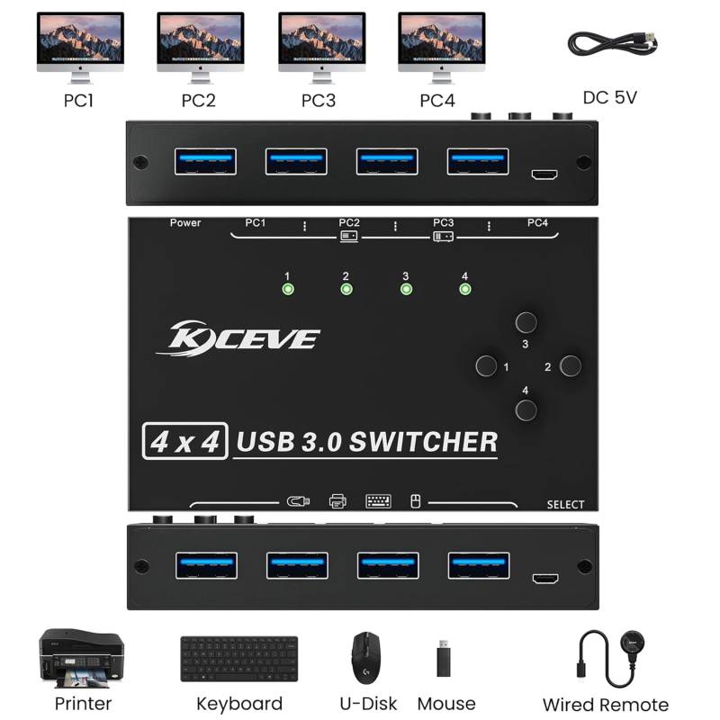 USB 3.0 Switch for 4 PCs, 4 in 4 Out USB Switch incl. 4 Cable and Remote-Switch, KCEVE KC-KM434