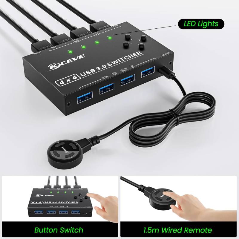 USB 3.0 Switch for 4 PCs, 4 in 4 Out USB Switch incl. 4 Cable and Remote-Switch, KCEVE KC-KM434