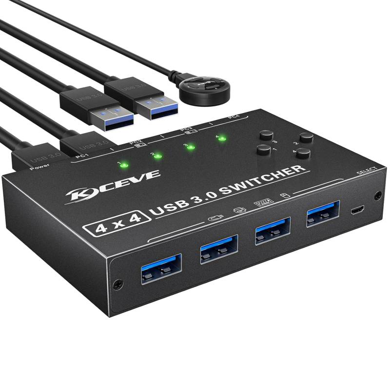 USB 3.0 Switch for 4 PCs, 4 in 4 Out USB Switch incl. 4 Cable and Remote-Switch, KCEVE KC-KM434