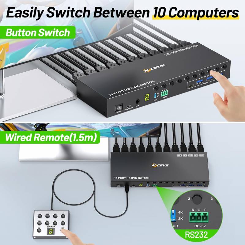 10-Port HDMI+USB3.0 Desktop KVM-Switch 4K60Hz mit EDID-Simulation inkl. Kabelfernbedienung, KCEVE KC-KVM1001A