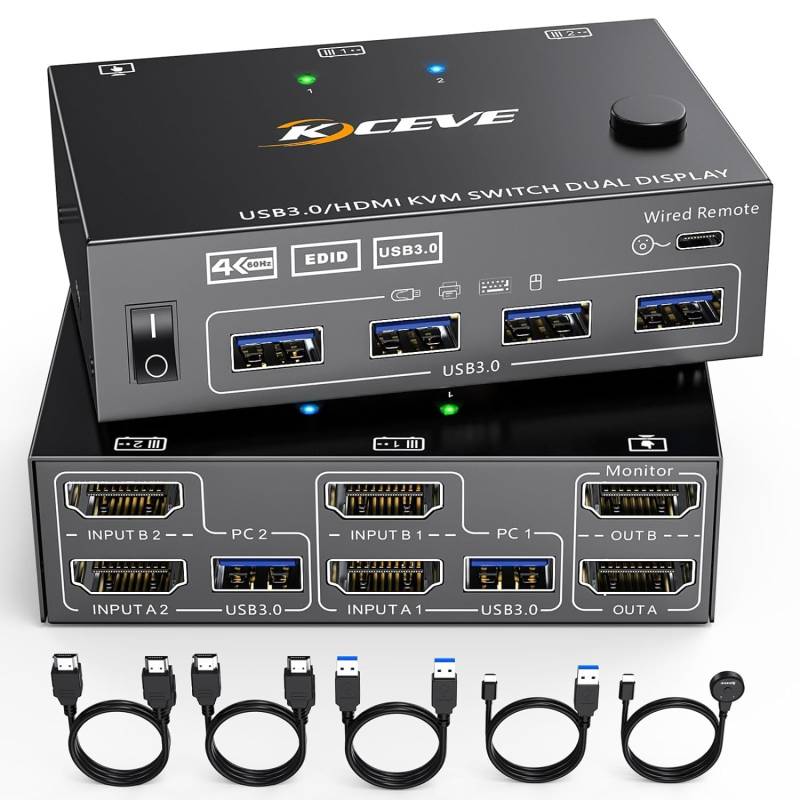 2-Port Dual-Monitor 4K60Hz HDMI+HDMI USB3.0 KVM-Switch with Cable Remote Control, KCEVE KC-KVM202AS