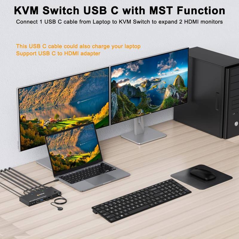 Notebook with USB-C and PC with DPP+HDMI+USB3.0 Dual-Monitor KVM-Switch with Cable Remote Control, KCEVE KC-KVM202CDH