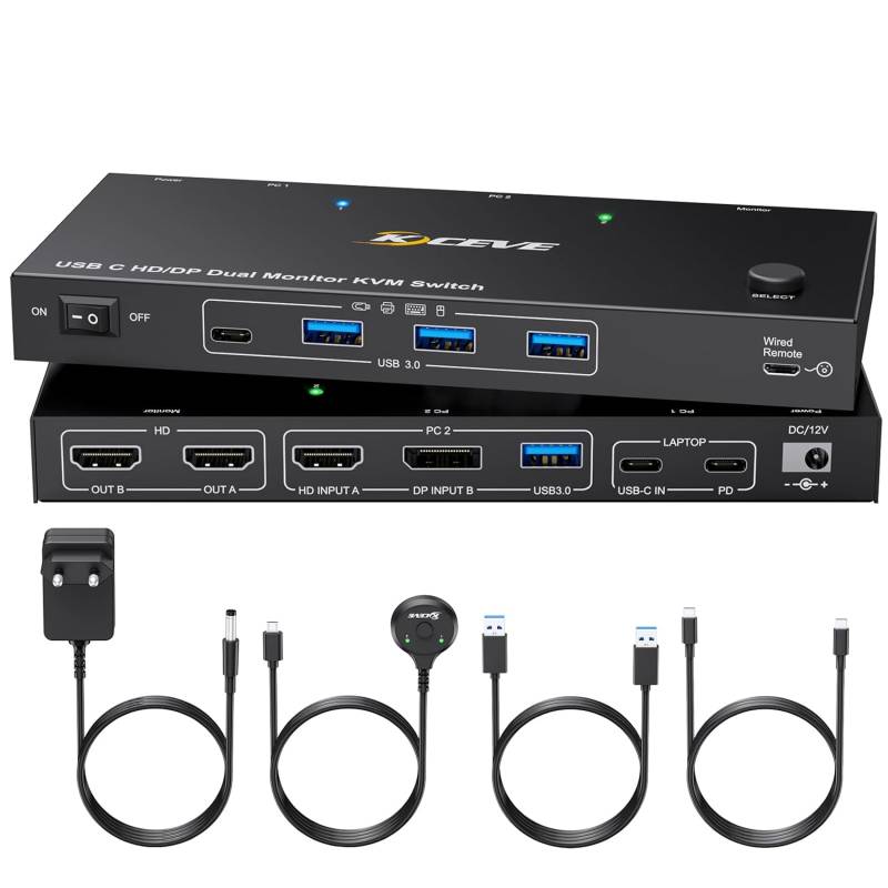 Notebook with USB-C and PC with DPP+HDMI+USB3.0 Dual-Monitor KVM-Switch with Cable Remote Control, KCEVE KC-KVM202CDH
