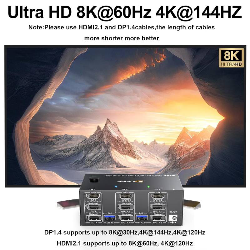 2-PC, Dreifach-Monitor mit 1x HDMI 8K60Hz und 2x DP 4K144Hz KVM-Switch mit 4x USB 3.0, KC-KVM203DH