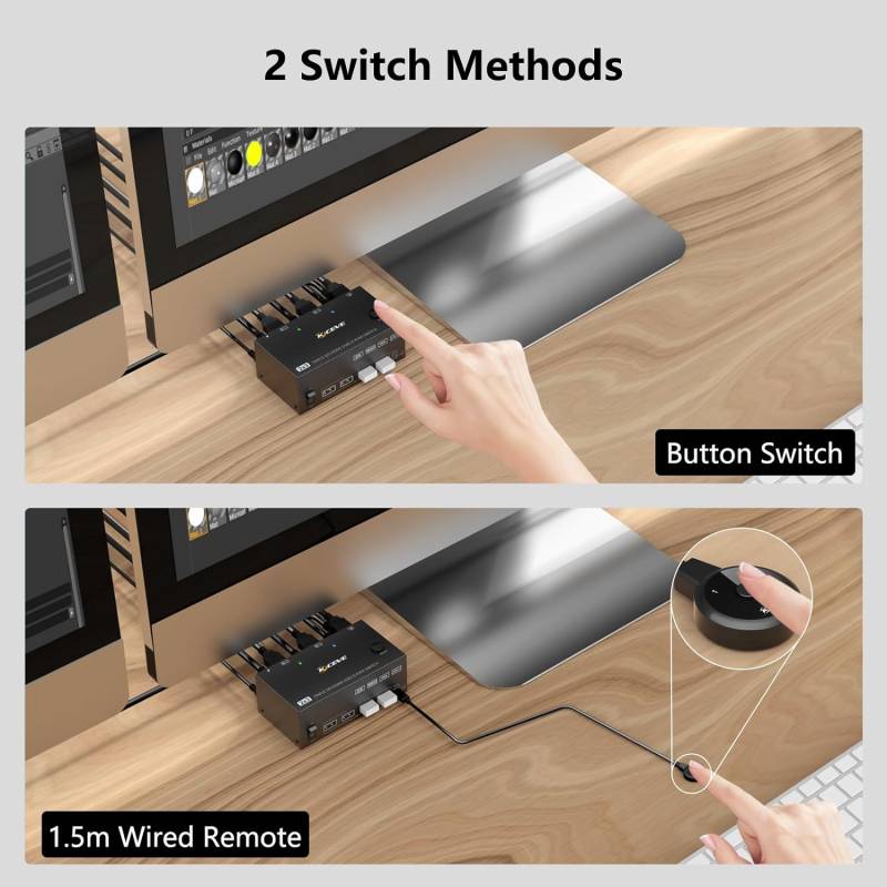 2-PC, Dreifach-Monitor mit 1x HDMI 8K60Hz und 2x DP 4K144Hz KVM-Switch mit 4x USB 3.0, KC-KVM203DH