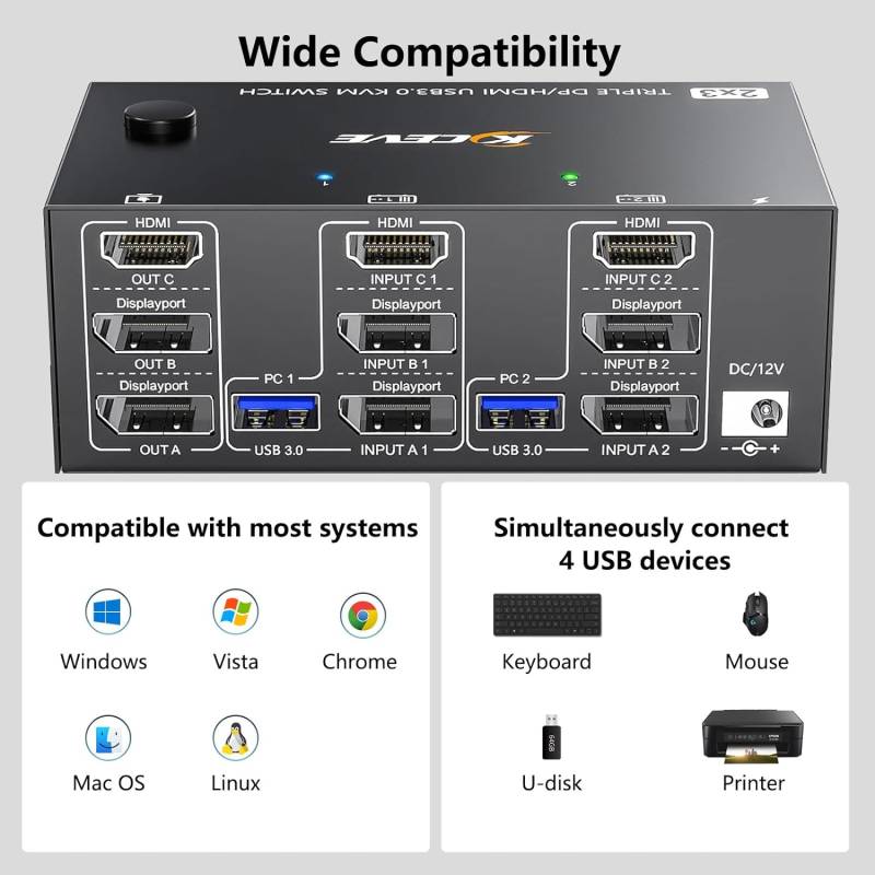 2-PC, Dreifach-Monitor mit 1x HDMI 8K60Hz und 2x DP 4K144Hz KVM-Switch mit 4x USB 3.0, KC-KVM203DH