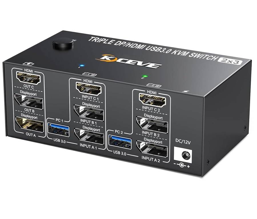 2-PC, Dreifach-Monitor mit 1x HDMI 8K60Hz und 2x DP 4K144Hz KVM-Switch mit 4x USB 3.0, KC-KVM203DH