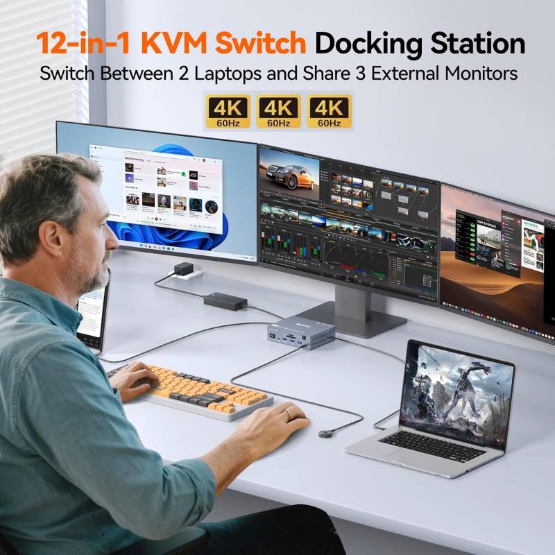 2x Notebook/MacBook an 3 Monitore und USB schaltbare TB4 Docking-Station LAN/2x50W-PD, KCEVE KC-KVM203DS