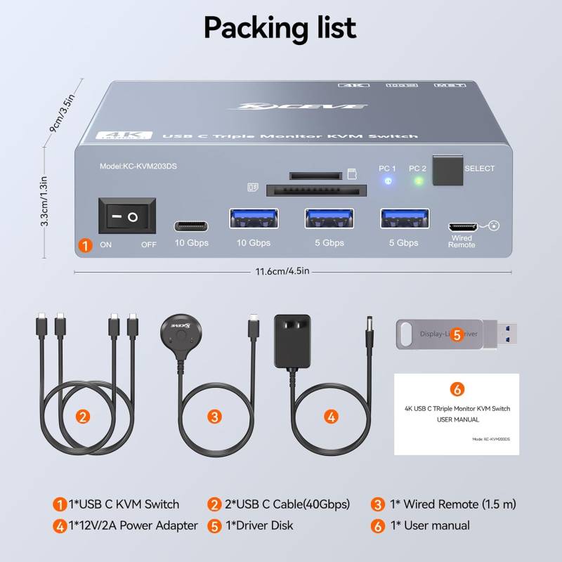 2x Notebook/MacBook an 3 Monitore und USB schaltbare TB4 Docking-Station LAN/2x50W-PD, KCEVE KC-KVM203DS
