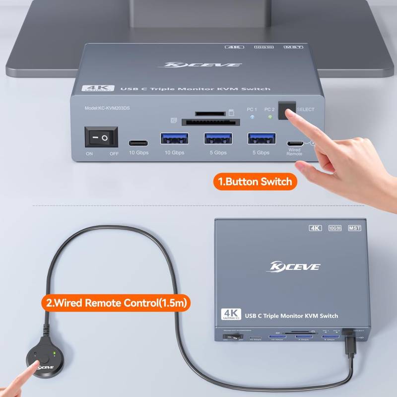 2x Notebook/MacBook an 3 Monitore und USB schaltbare TB4 Docking-Station LAN/2x50W-PD, KCEVE KC-KVM203DS