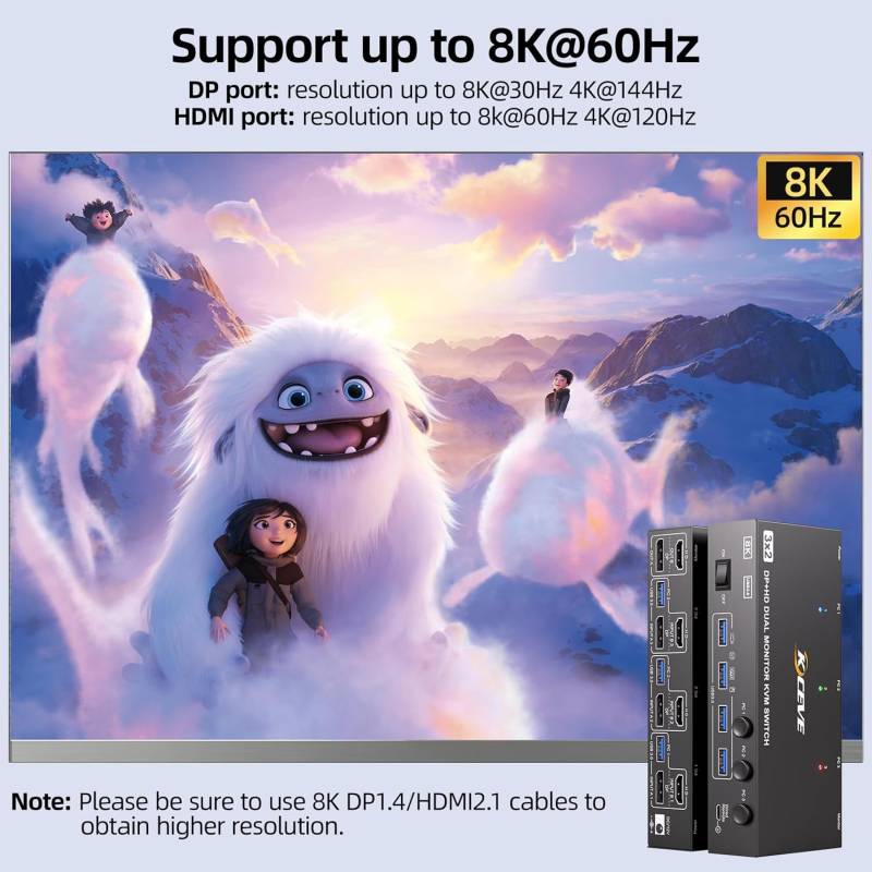 3-PC, 2-Monitor (1x HDMI 1x DP) 8K60Hz 4K144Hz KVM-Switch with 4-Port USB 3.0, KC-KVM302DH