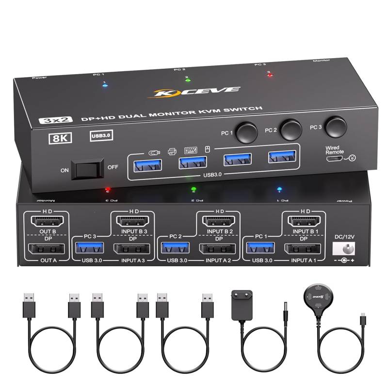 3-PC, 2-Monitor (1x HDMI 1x DP) 8K60Hz 4K144Hz KVM-Switch with 4-Port USB 3.0, KC-KVM302DH