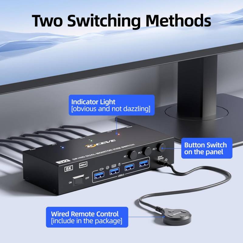 3-PC, 2-Monitor (1x HDMI 1x DP) 8K60Hz 4K144Hz KVM-Switch with 4-Port USB 3.0, KC-KVM302DH