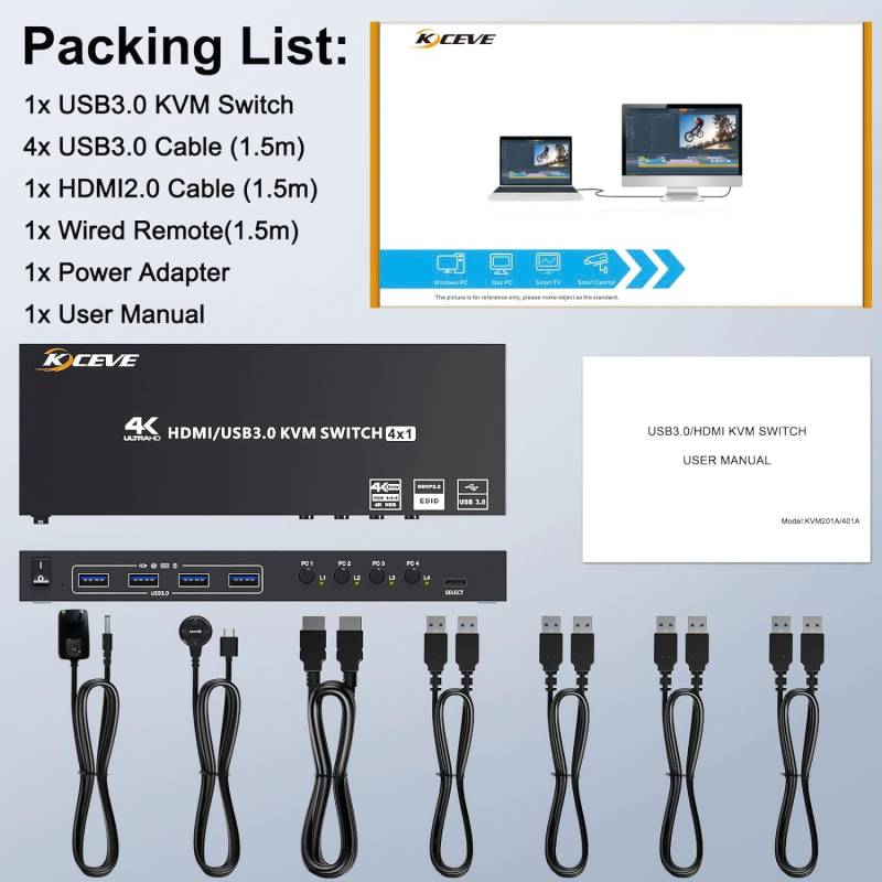 4-Port 4K60Hz HDMI USB3.0 KVM-Switch with wired remote Controller, KCEVE KC-KVM401A