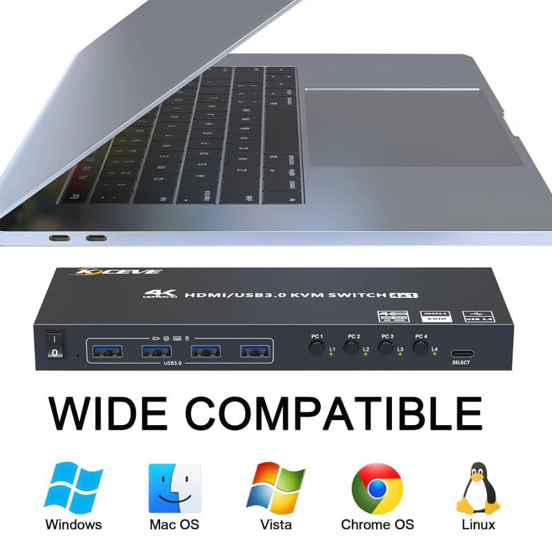 4-Port 4K60Hz HDMI USB3.0 KVM-Switch with wired remote Controller, KCEVE KC-KVM401A