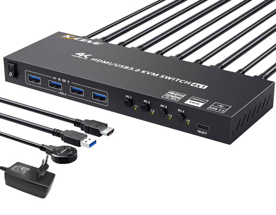 4-Port 4K60Hz HDMI USB3.0 KVM-Switch with wired remote Controller, KCEVE KC-KVM401A