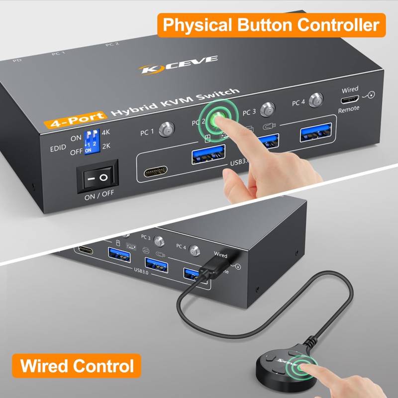 4-Port Mixed-In 2x HDMI-PC, 1x DP-PC, 1x USB-C (Notebook, Mini-PC) KVM-Switch mit USB 3.0 und HDMI-out, KCEVE KC-KVM401C