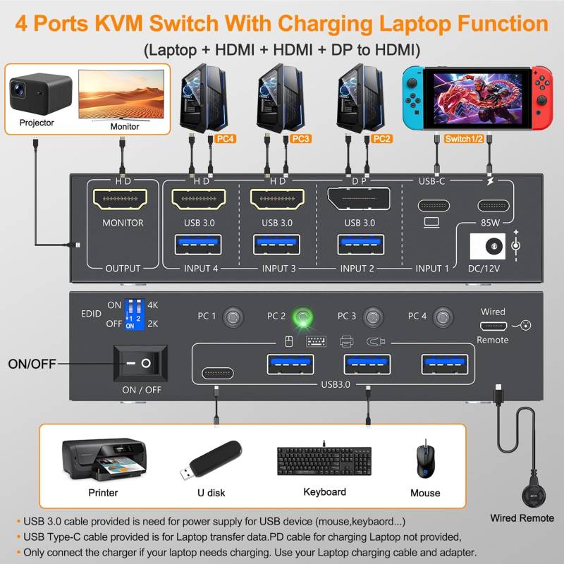 4-Port Mixed-In 2x HDMI-PC, 1x DP-PC, 1x USB-C (Notebook, Mini-PC) KVM-Switch mit USB 3.0 und HDMI-out, KCEVE KC-KVM401C