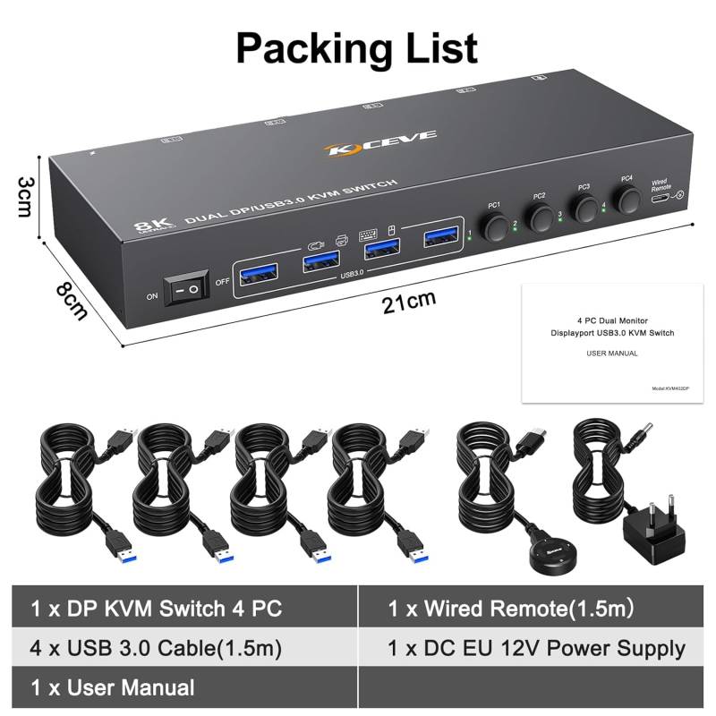 4-Port Dual-Monitor 4K DP 1.4 with up to 144 Hz and USB3.0 KVM-Switch with Cable Remote Control