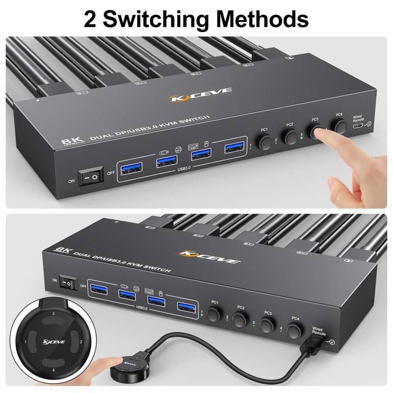 4-Port Dual-Monitor 4K DP 1.4 with up to 144 Hz and USB3.0 KVM-Switch with Cable Remote Control