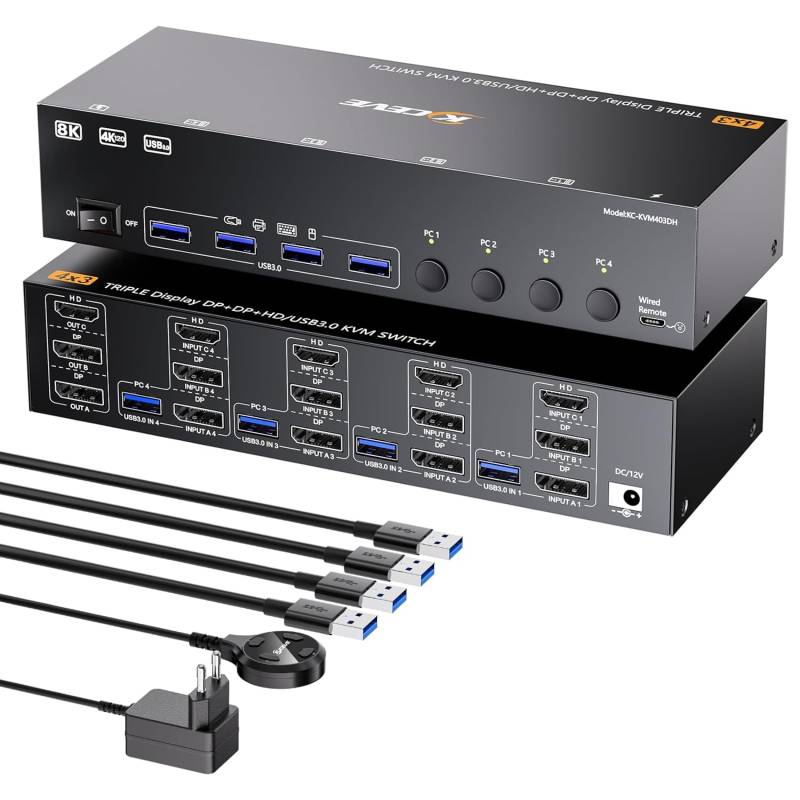 4-PC, Triple-Monitor (1x HDMI 2x DP) 4K up to 144Hz KVM-Switch with 4-Port USB 3.0, KC-KVM403DH