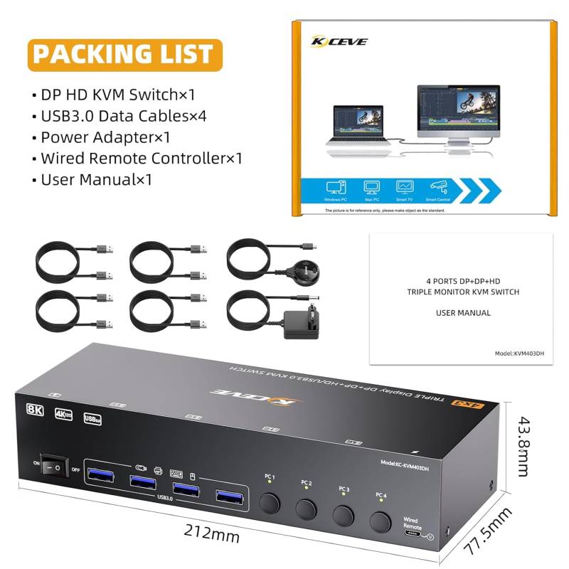 4-PC, Triple-Monitor (1x HDMI 2x DP) 4K up to 144Hz KVM-Switch with 4-Port USB 3.0, KC-KVM403DH