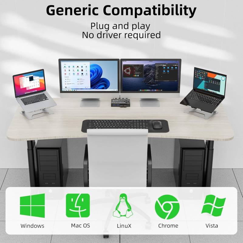 USB 3.0 Switch für 4 PCs, 4 in Typ-B an 4 out USB-A Umschalter inkl. 4x Kabel und Remote-Schalter, KCEVE KC-KM434B