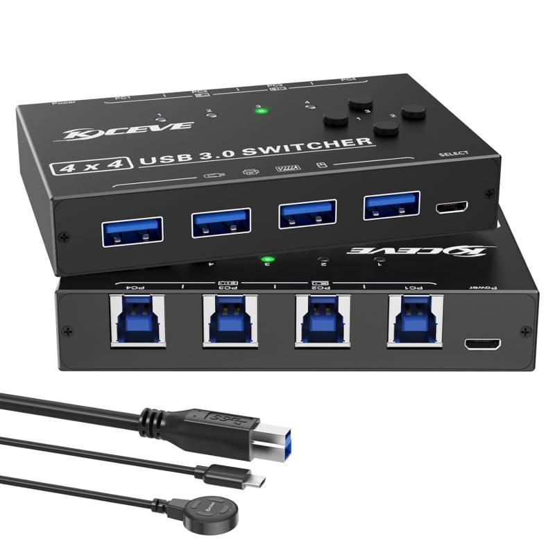 USB 3.0 Switch für 4 PCs, 4 in Typ-B an 4 out USB-A Umschalter inkl. 4x Kabel und Remote-Schalter, KCEVE KC-KM434B