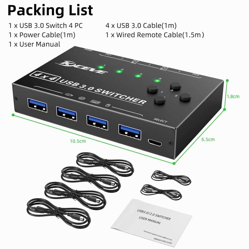 USB 3.0 Switch für 4 PCs, 4 in Typ-B an 4 out USB-A Umschalter inkl. 4x Kabel und Remote-Schalter, KCEVE KC-KM434B