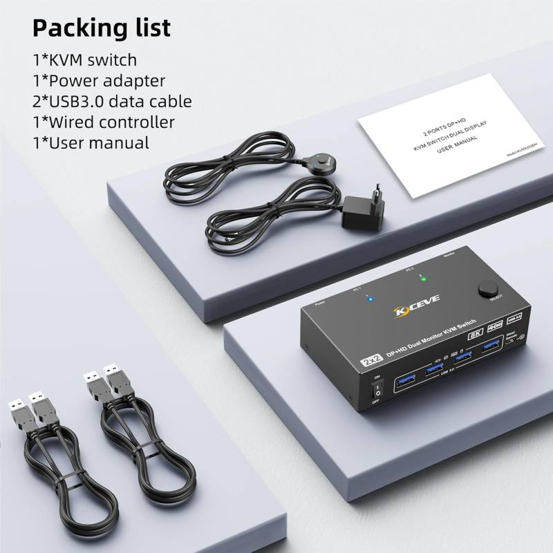 2-Port Dual-Monitor 8K60Hz HDMI+DP USB3.0 KVM-Switch mit Kabelfernbedienung und USB-Kabel, KCEVE KC-KVM8202DH