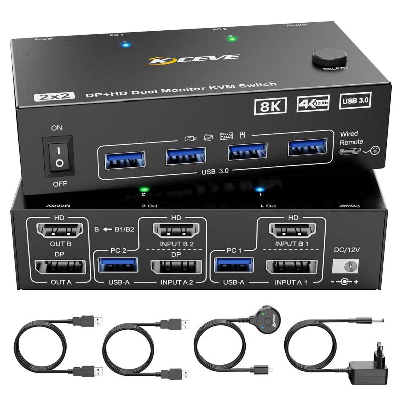 2-Port Dual-Monitor 8K60Hz HDMI+DP USB3.0 KVM-Switch mit Kabelfernbedienung und USB-Kabel, KCEVE KC-KVM8202DH