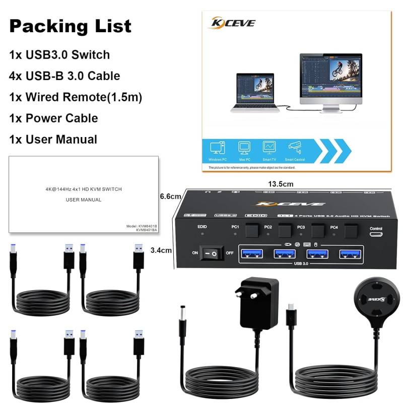 4-Port 8K60Hz 4K120Hz HDMI 2.1 USB3.0 Audio KVM-Switch with Cable Remote Control, KC-KVM8401BA