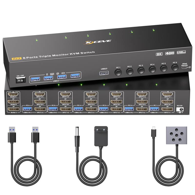 6-PC, Dreifach-Monitor (1x HDMI 2x DP) 4K bis 144Hz KVM-Switch mit 4-Port USB 3.0, KC-KVM963