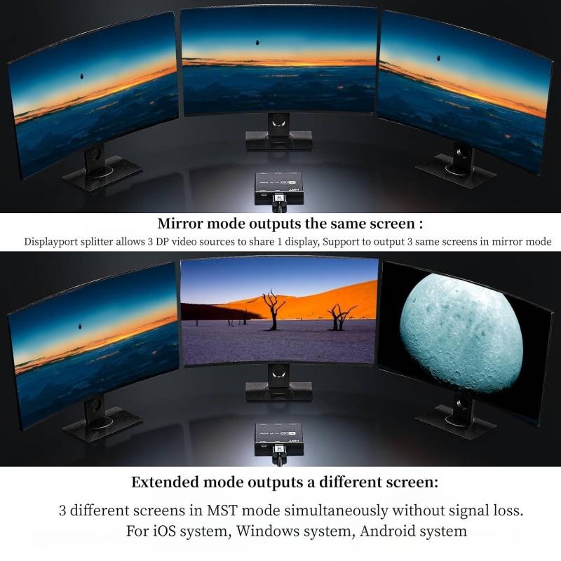 1-in-3-out DisplayPort DP 1.4 MST-Splitter-Vervielfacher 8K@30Hz 4K@144Hz, KCEVE KC-MSTD13