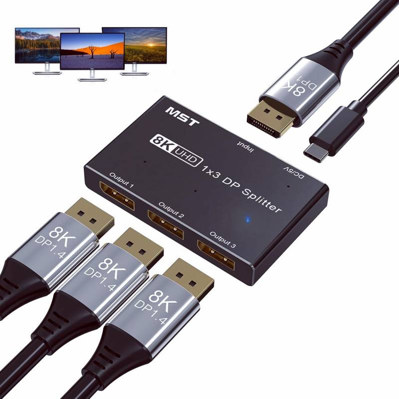 1-in-3-out DisplayPort DP 1.4 MST-Splitter-Vervielfacher 8K@30Hz 4K@144Hz, KCEVE KC-MSTD13