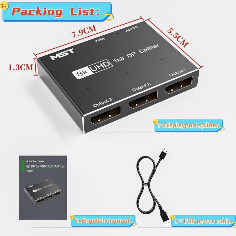 1-in-3-out DisplayPort DP 1.4 MST-Splitter-Vervielfacher 8K@30Hz 4K@144Hz, KCEVE KC-MSTD13