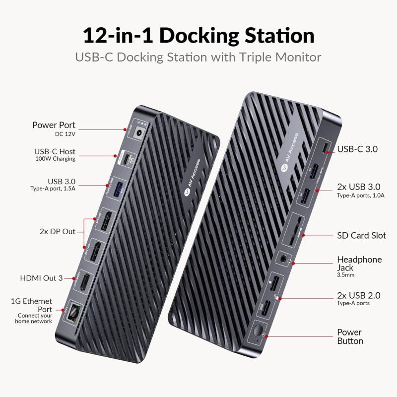 12-in1 USB-C Docking-Station for up to 3x 4K Monitors with integrated 100W PD Notebook Charging