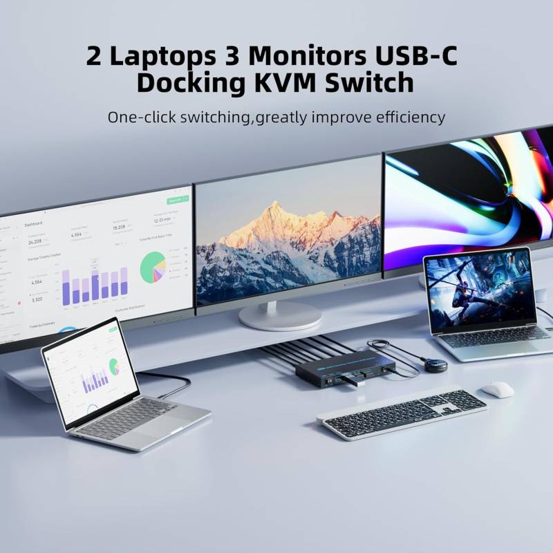 2 Laptops an 3 Monitore USB-C MST-10GB KVM-Switch (2x 4K60Hz + 1x 1080P60Hz), 100W PD