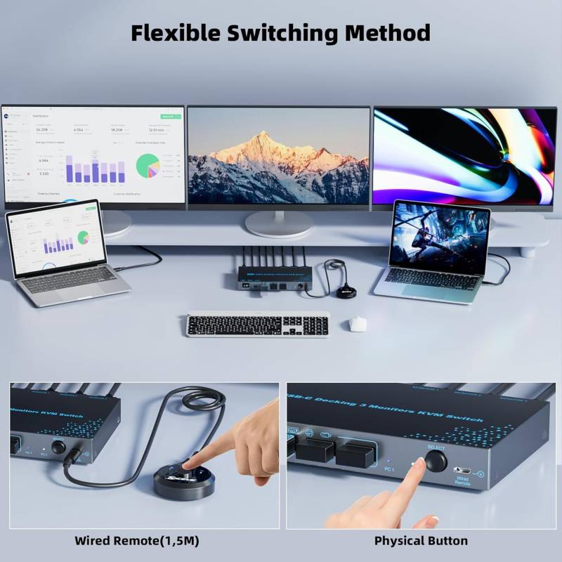 2 Laptops an 3 Monitore USB-C MST-10GB KVM-Switch (2x 4K60Hz + 1x 1080P60Hz), 100W PD