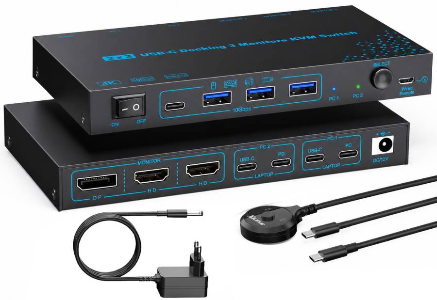 2 Laptops an 3 Monitore USB-C MST-10GB KVM-Switch (2x 4K60Hz + 1x 1080P60Hz), 100W PD
