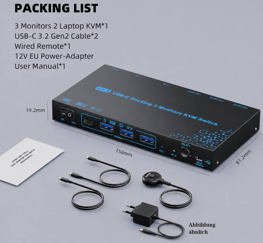 2 Laptops an 3 Monitore USB-C MST-10GB KVM-Switch (2x 4K60Hz + 1x 1080P60Hz), 100W PD