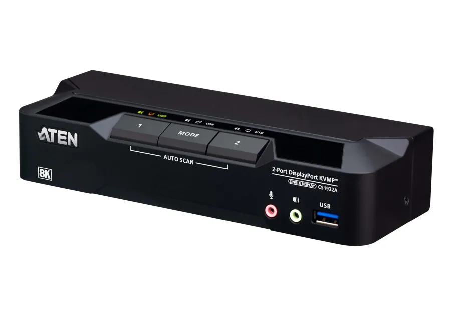 2-Port 8K/5K60Hz und 4K120Hz DisplayPort KVM-Switch, inkl. PC-Kabel, Aten CS1922A