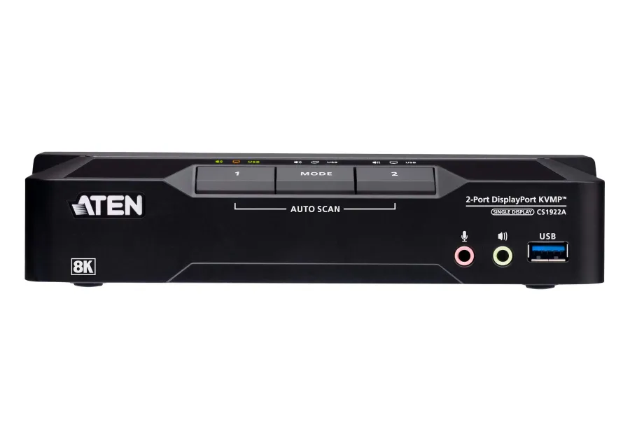 2-Port 8K/5K60Hz und 4K120Hz DisplayPort KVM-Switch, inkl. PC-Kabel, Aten CS1922A