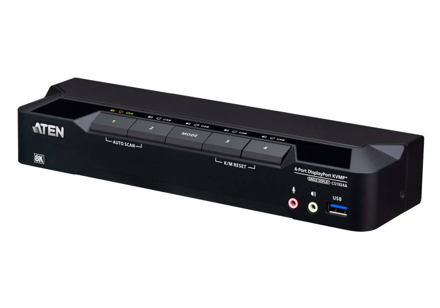 4-Port USB 3.0 8K/5K60Hz and 4K120Hz DisplayPort KVM-Switch, incl. PC Cable, Aten CS1924A