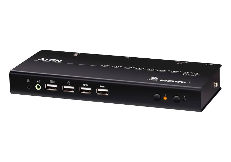 2-Port 4K60Hz HDMI Dual-Monitor KVM-Switch, Hotkey, Kabel-Fernbedienung, inkl. Kabel, Aten CS742H